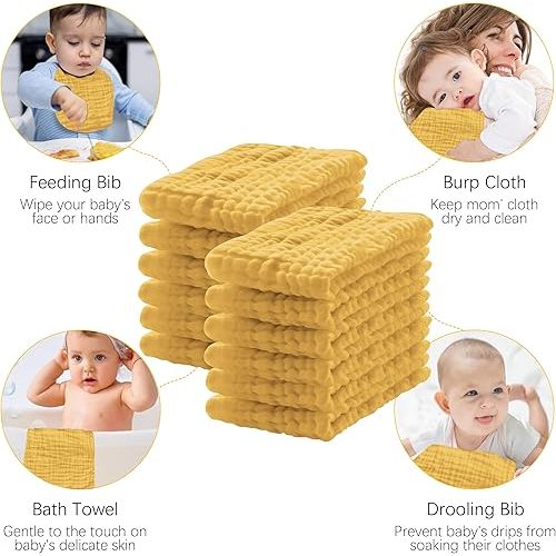 12 Pack Muslin Burp Cloths 100% Cotton Muslin Cloths Large 20''x10'' Extra Soft and Absorbent Baby Burping Cloth - Honey