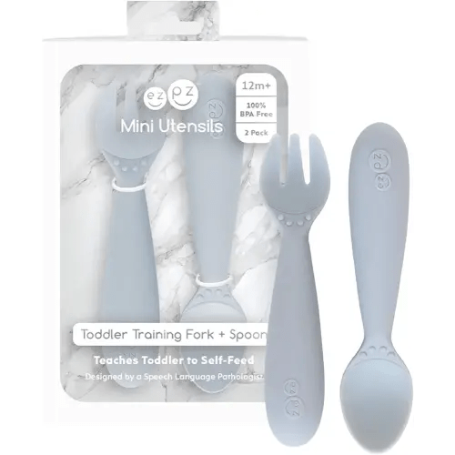 ezpz Mini Utensils - 12 Months+ (Fork & Spoon in Pewter) - 100% BPA Free Fork and Spoon - Toddler Utensils - Designed by a Pediatric Feeding Specialist