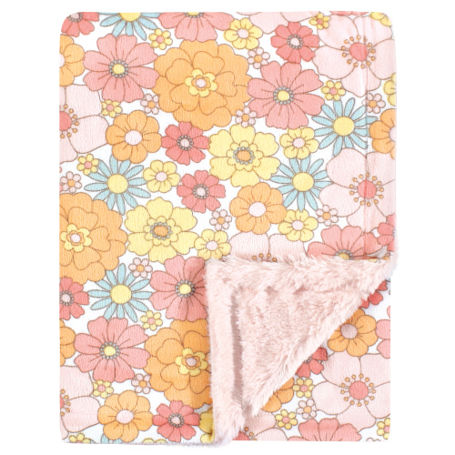 Hudson Baby Girls Plush Blanket with Furry Binding and Back, Peace Love Flowers, One Size