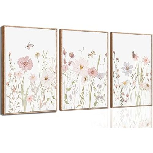 LQOZTBX 3Pcs Watercolor Wildflower Wall Art Botanical Nursery Canvas Prints Vintage Floral Pictures Flower Paintings Girls Nursery Pictures Pink Wall Decor for Living Room Bedroom Unframed
