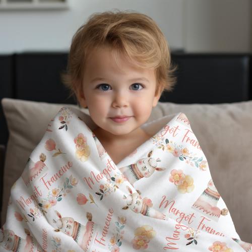 LLAMA BABY GIRL Blanket, Floral Llama Baby Blanket, Personalized Girl llama Blanket, Llama Nursery Girl Baby Gift, Toddler Girl Name Blanket