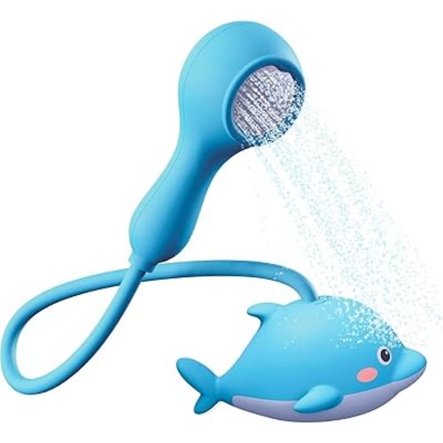 Baby Bath Shower Head - Bathtub Sprayer Showerhead Toys for Babies Toddler Infants Kids - Easy Water Flow Control Rechargeable Dolphin Toy with Hose Sprayer for Babybath Tub (2025 Upgraded)