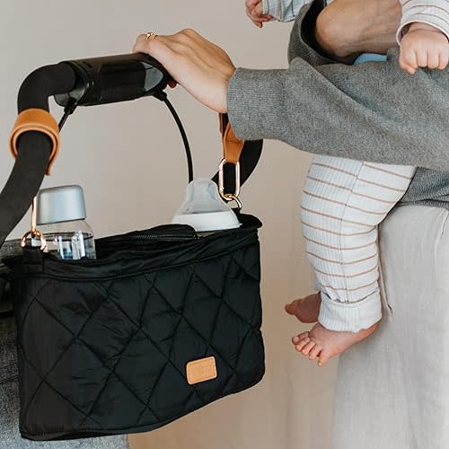 Beautiful Stroller Caddy Organizer With 2 Cup Holders – Luxury Stroller Bag, Universal Fit, Leather Straps & Zipper Pocket – Lightweight Accessories that Fit Strollers like Doona, Nuna & Uppababy
