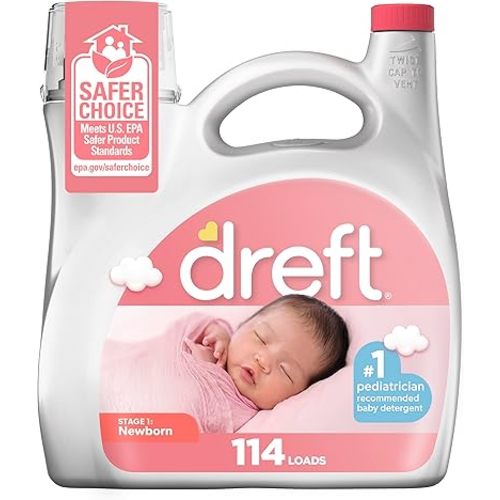 Dreft Stage 1 Newborn Baby Laundry Detergent Liquid, HE Compatible, 114 Loads, Laundry Soap for Sensitive Skin, Baby Laundry Detergent, Newborn Essentials