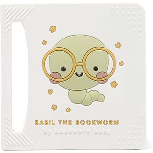 Basil The Bookworm Baby Teether - Premium BPA Free Silicone Teething Toy | Perfect for Baby Showers | Unique Book-Shaped Design | Freezer & Dishwasher Safe (Age: 3+ Months)