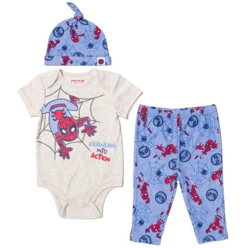 Marvel Avengers Spider-man Newborn Baby Boys 3 Piece Outfit Set: Mix N' Match Bodysuit Pants Hat White / Blue 3-6 Months