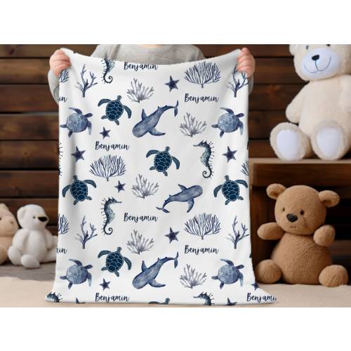 Personalized Under The Sea Blanket, Nautical Baby Shower Gift, Sea Turtle Gift, Nautical Ocean Themed Baby Nursery Crib Bedding, Custom Name