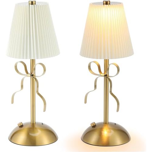 2 Pack White Golden Bow Table Lamp for Girl's Bedroom Cute Coquette Bow Table Lamp with Fabric Shade Modern Decorative Bedside Light Small Princess Desk Lighting Boho Living Room