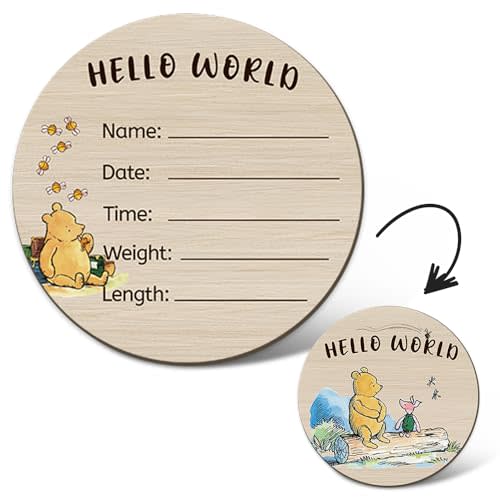 Classic Winnie Baby Announcement Sign for Girl Boy Double Sided Wooden Round Circles with Hello World for Newborn Photo Prop Nursery Decor