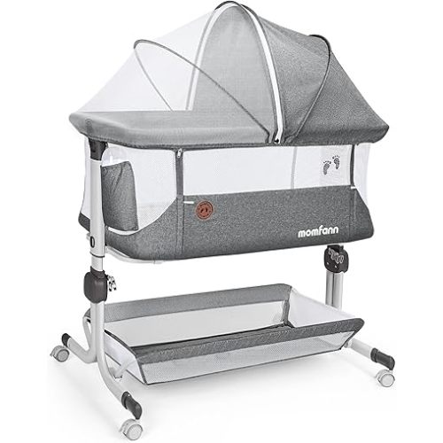 Baby Bassinet Bedside Sleeper, Upgraded Stability Bedside Crib with Full Mesh Sides, Soft Sheet, 6-Height Adjustment, Storage Basket, Easy Folding Portable Bassinet for Newborns, Gray
