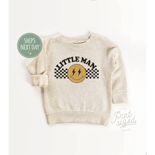 Little Man Toddler Sweatshirt - Cute Smiley Face Kids Pullover - Minimalist Natural Crew Neck