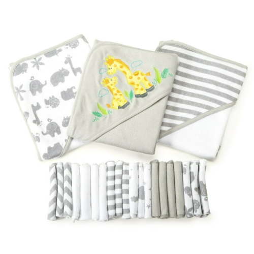 Spasilk Bath Hooded Towels & Washcloths Set for Babies, 23-Piece Gift Set, Gray Giraffe