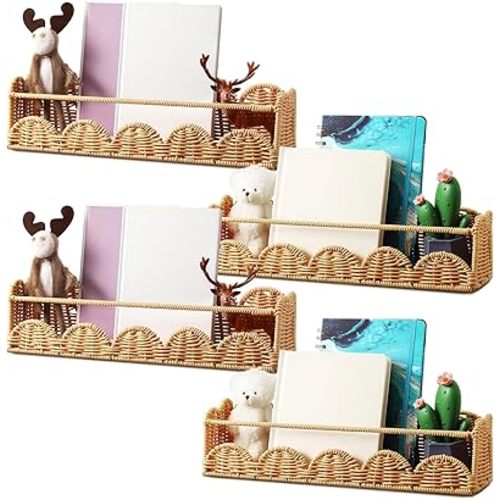 Pinkunn 4 Pcs Scalloped Rattan Wall Shelves Boho Floating Rattan Scalloped Book Shelf Decorative Wall Mounted Bookshelf for Kids Nursery, 15.75 x 3.94 Inch
