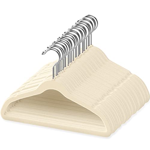 TechZoo 50 Premium Baby Velvet Hangers - 11.8" Non-Slip, Ultra-Slim Space-Saving Children Closet Hangers - 360° Swivel Hook, Strong & Durable Infant & Toddler Clothes Hangers for Wardrobe - Ivory