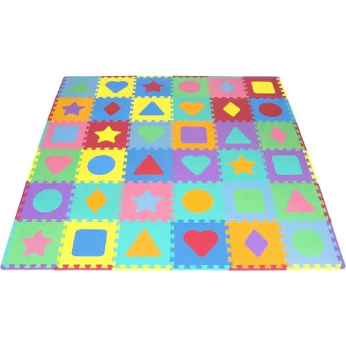 ProSource Kids Foam Puzzle Floor Play Mat with Shapes & Colors 36 Tiles, 12"x12" and 24 Borders