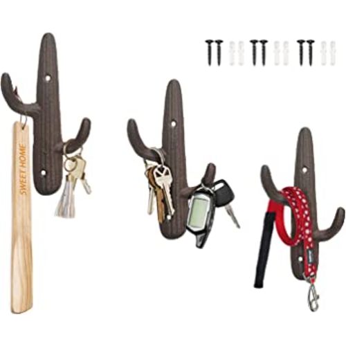 Comfify Set of 3 Hooks Cast Iron Cactus Double Wall Mounted Hooks/Hangers - Decorative Wall Mounted Hooks for Coats, Bags, Towels and More - w/Screws and Anchors Included - Brown