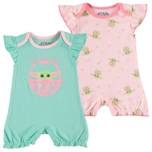 STAR WARS Baby Girls Ruffled Sleeve Shortie 2-Pack - Baby Yoda Baby Bodysuit 2-Pack - Newborn Girls Clothes Pink/Green, 0-3M