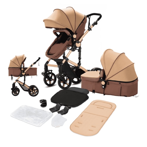 3 in 1 Foldable Reclining Newborn Pram,Easy Fold Airplane Travel Systems Baby Stroller，Unisex（Khaki）