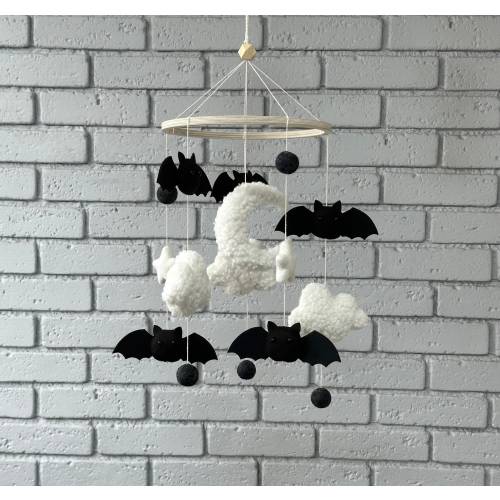 Bat boucle baby mobile, white and black boucle mobile, bat mobile for crib