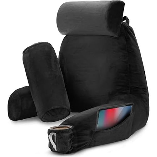 Nestl Reading Pillow Large Bed Pillow, Back Pillow for Sitting in Bed Shredded Memory Foam Chair Pillow, Reading & Bed Rest Pillows Black Back Pillow for Bed, Bed Chair Arm Pillow with Pockets