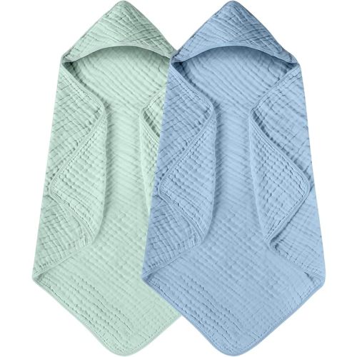 Yoofoss Hooded Baby Towels for Newborn 2 Pack 100% Muslin Organic Cotton Baby Bath Towel with Hood for Babies, Infant, Toddler and Kids, 32x32Inch, Soft and Absorbent Newborn Essential,Blue&Green