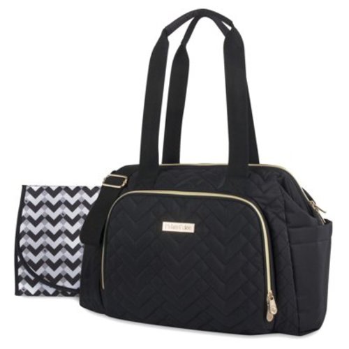 Fisher-Price Harper Quilted Convertible Crossbody Diaper Bag Tote With Shoulder Straps, Removable Luggage Strap, Matching Changing Pad, Insulated Bottle Pockets and Electronics Pocket in Black