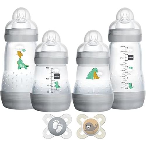 MAM Feed & Soothe Feeding Set, Newborn Essentials Must Have for 0-3 Months, Including 6 Pieces, Anti-Colic Baby Bottle Self-Sterilizing, Skinsoft Silicone Pacifiers, Baby Gift, Unisex