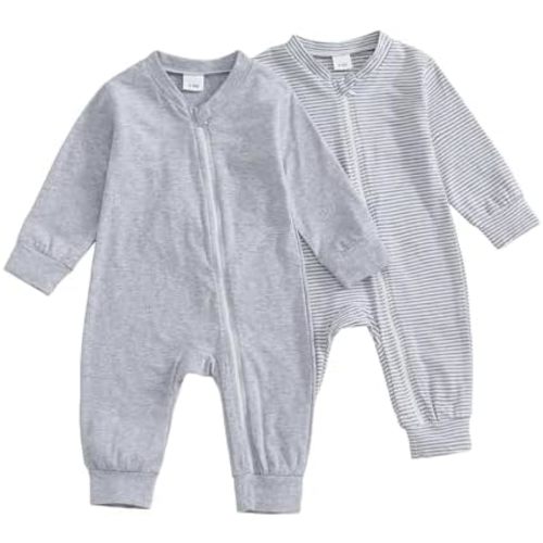 woshilaocai Baby 2 Pack Zipper Jumpsuit Boy Girl Long Sleeve Plain&Striped Cotton Infant Romper