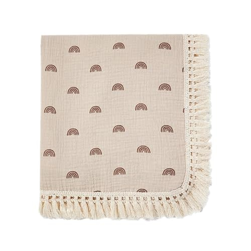 insular Cotton Muslin Baby Blanket with Tassel, Boho Bohemian Muslin Swaddle Blanket Baby Receiving Blanket with Fringe, Nursery Decor Throw or Nursing Blankets, 47" x40”, Khaki Rainbow