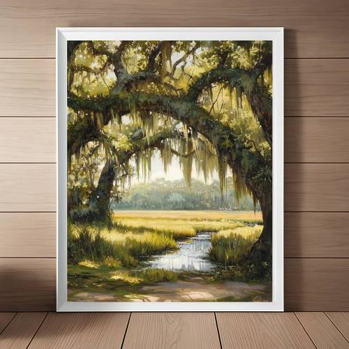 Southern Oak Trees Painting, Charleston Watercolor Art, Spanish Moss Trees Print, South Carolina Landscape Wall Art, Travel Art Download