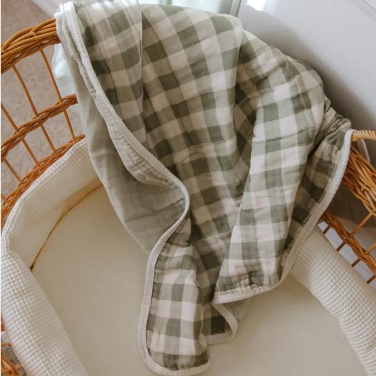 Evergreen Gingham QUILTED 6 Layer Gauze Blanket