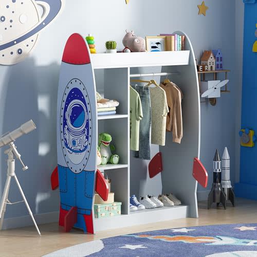 Rocket-Themed Kids Toy Storage Organizer with Hanging Rod and Shelves, Wooden Bookcase and Wardrobe Cabinet for Boys Bedroom, Playroom Furniture with Mirror, Space-Themed Toddler Costume Storage