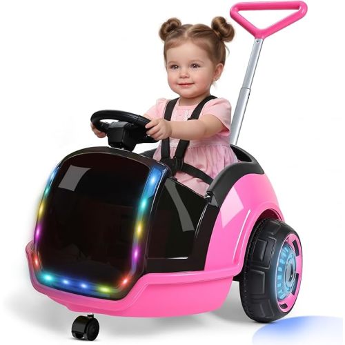 ANPABO 3-in-1 Electric Push Ride On Car, 12V Kids Ride On Toy w/Remote Control, 360° Spin, 5-Point Safety Belt, Colorful LED Light, Music Player, Push Car for Toddler Ages 1-3 (Pink)