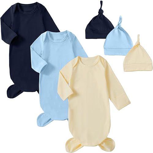 OPAWO Newborn Baby Knotted Gowns with Mitten Cuffs and Hat Baby Sleeper Gowns Coming Home Outfit for Baby Boy Girl 0-6 Months