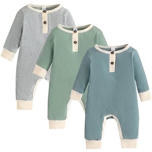Bafeicao Baby Boy Girl 2 Pack Solid Romper Ribbed Short/Long Sleeve Bodysuit Jumpsuit Infant Knitted Outfits Clothes