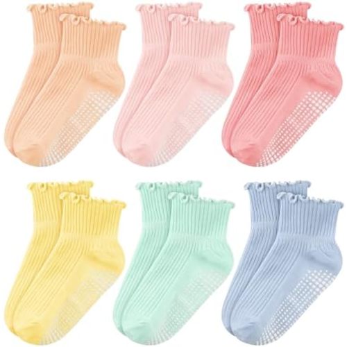 Cooraby 6 Pairs Toddler Anti Slip Non Skid Socks Baby Little Girls Frilly Ruffle Socks Cute Cotton Dress Socks 6M-6Y