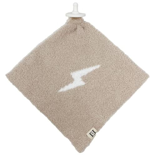 Lightning Bolt Baby Lovey Pacifier/Teether Holder 10"x10" - DreamSoft Knitted Cuddly Soothie Reversible Mini Comfort Blanket - Cute Newborn Gift Essential for Babies Boys and Girls (Tan/White)