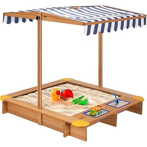 VIVOHOME 47" Wooden Sandbox with 2 Plastic Side Containers, Kids Sandbox with Rotatable UV-Resistant Canopy for Home Backyard Beach Outdoor