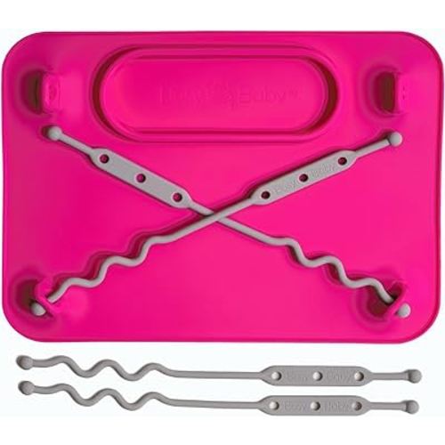 BUSY BABY Silicone Mat - Suction Cups, 4 Straps to Secure Baby Essentials, Self Feeding, Baby Led Weaning, Travel Sleeve Included (Pink)