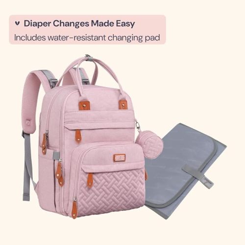 BabbleRoo Diaper Bag Backpack - Baby Essentials Travel Tote Multi function Waterproof Bag, with Changing Pad, Stroller Straps & Pacifier Case Unisex, Pink