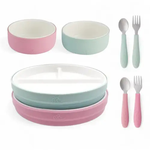 Elk and Friends Kids Porcelain Mealtime Bundle | Normal Sleeves | Blush/Sage