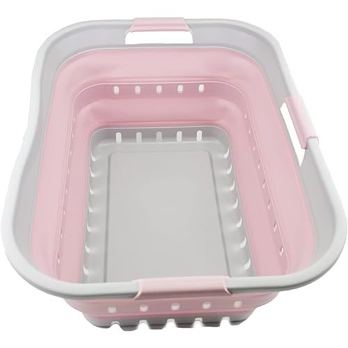 SAMMART 42L (11 gallon) Collapsible Plastic Laundry Basket - Foldable Pop Up Storage Container/Organizer - Portable Washing Tub - Space Saving Hamper/Basket (Grey/Pale Pink)