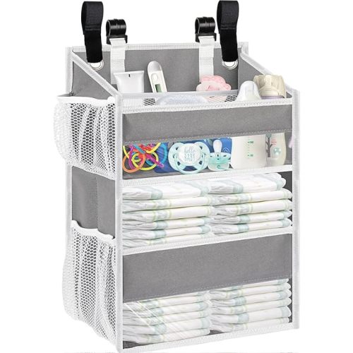 Ofiray-home Hanging Diaper Organizer for Changing Table,Cribs,Car,Playard or Wall & Nursery Organization-Durable 2-Tier Diaper Organizer with Mesh Pockets and Viewable Design, Won't Deform, Light Gray