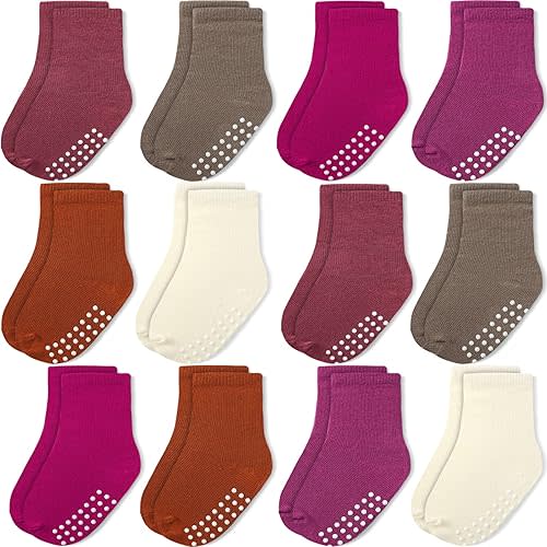 JAKIDAR 12 Pack Baby Toddler Socks Non Slip Grip Cotton Crew Socks for Boys Girls Infants Kids