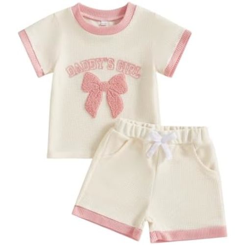 Toddler Girl Clothes Baby Summer Matching Outfits Bow Embroidery Short Sleeve Shirt Infant Waffle Shorts Set