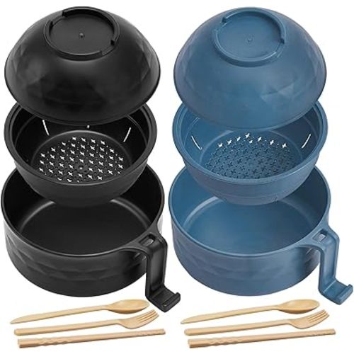 2 Sets Microwave Ramen Bowl 33 oz Wheat Fiber Portable Instant Noodle Cooker Bowl with Handles Strainer Spoon Chopstick Fork College Dorm Room Apartment Essentials(Black,Dark Blue)