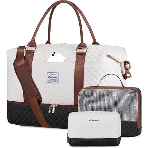 LOVEVOOK Travel Weekender Bag for Women, Carry on Overnight Bag with Shoe Compartment, Travel Duffle Bag Women, Yoga Gym Duffel Bag with Wet Pocket, Hospital Bags for Labor and Delivery, 3 Pcs Set