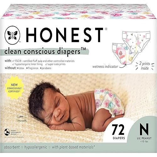 The Honest Company Clean Conscious Diapers for Sensitive Skin | Hypoallergenic, Fragrance Free | Girl Prints | Club Box, Size Newborn, 72 Count (Prints May Temporarily Vary)