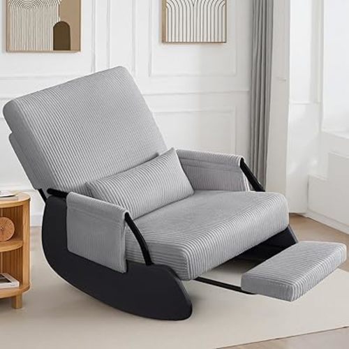 FelixKing Rocking Chair Nursery, Low-Seat Glider Chair, Upholstered Rocking Chair with Side Pocket and Foot Rest, Comfortable Modern Accent Armchair Recliner for Mom Nursery Living Room Bedroom Grey