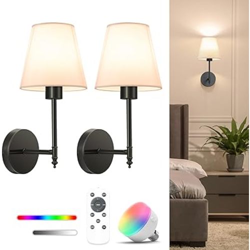 NIORSUN 14.5 inch Battery Operated Wall Sconce Set of 2,Black Rechargeable Wall Lights with 5200mAh Dimmable Detachable Bulbs and Remote,9 Colors Wireless Sconces for Bedroom Living Room Hallway Decor